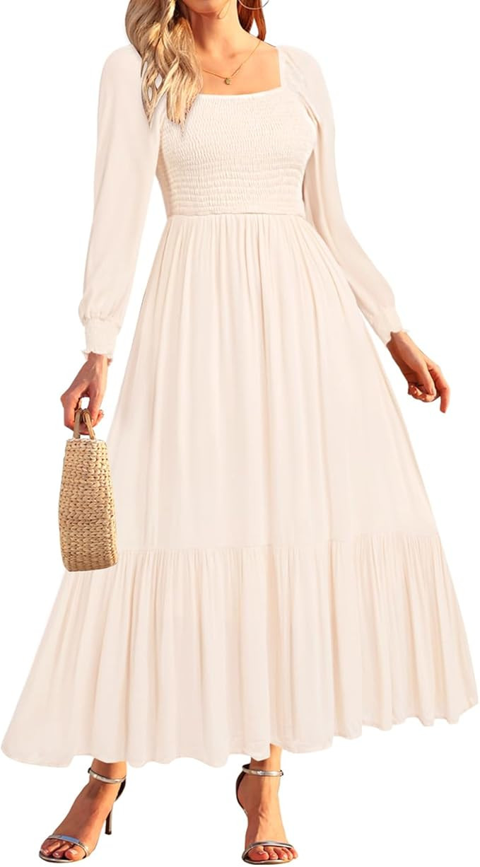 Holipick Women's Casual Dress Square Neck Smocked Shirred Puff Sleeve Cute Long Flowy Maxi A Line... | Amazon (US)