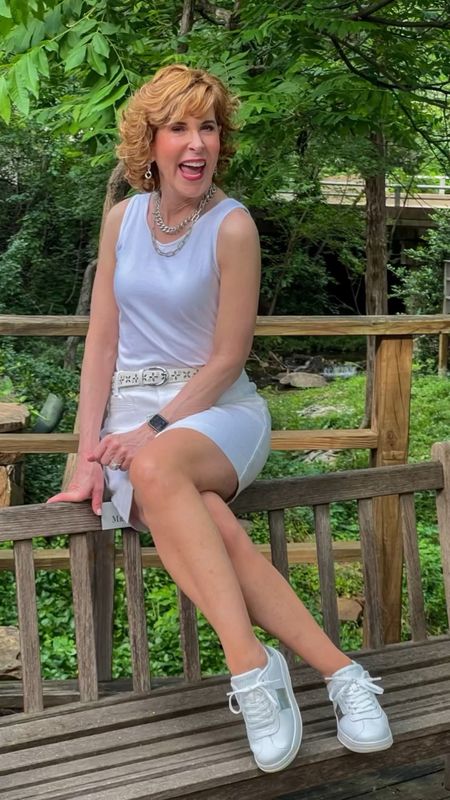 These cute Easy Spirit silver and white sneakers are 40% off right now. Take an additional 20% off with code ENB20.

My white denim skirt and white reversible tank and white belt are from Talbots. Also check out mineral Apple Watch band.

#LTKFindsUnder100 #LTKVideo #LTKShoeCrush