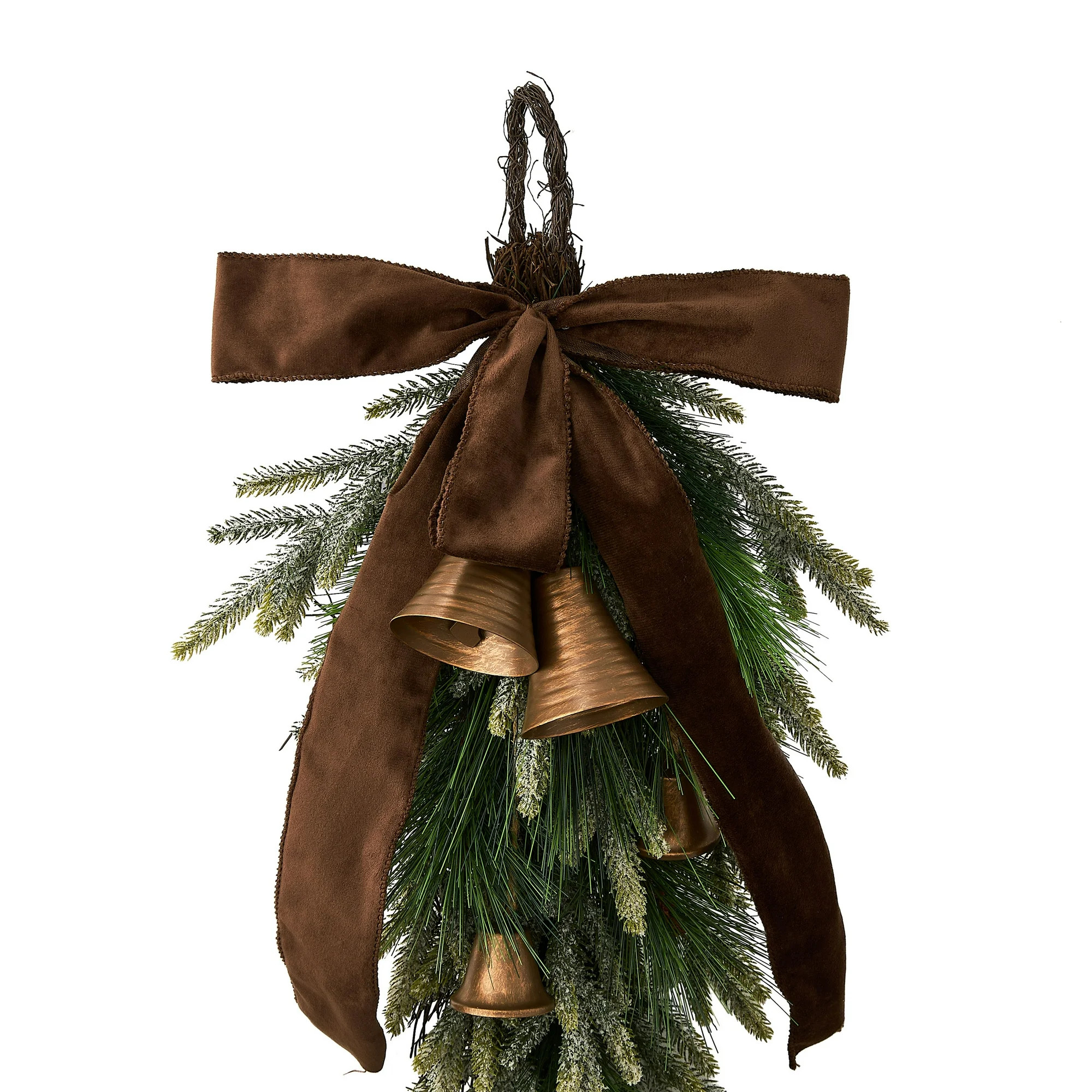 Bells, Bow, and Greenery Decorative Christmas Door Swag, Green and Brown, 28", by Holiday Time - ... | Walmart (US)