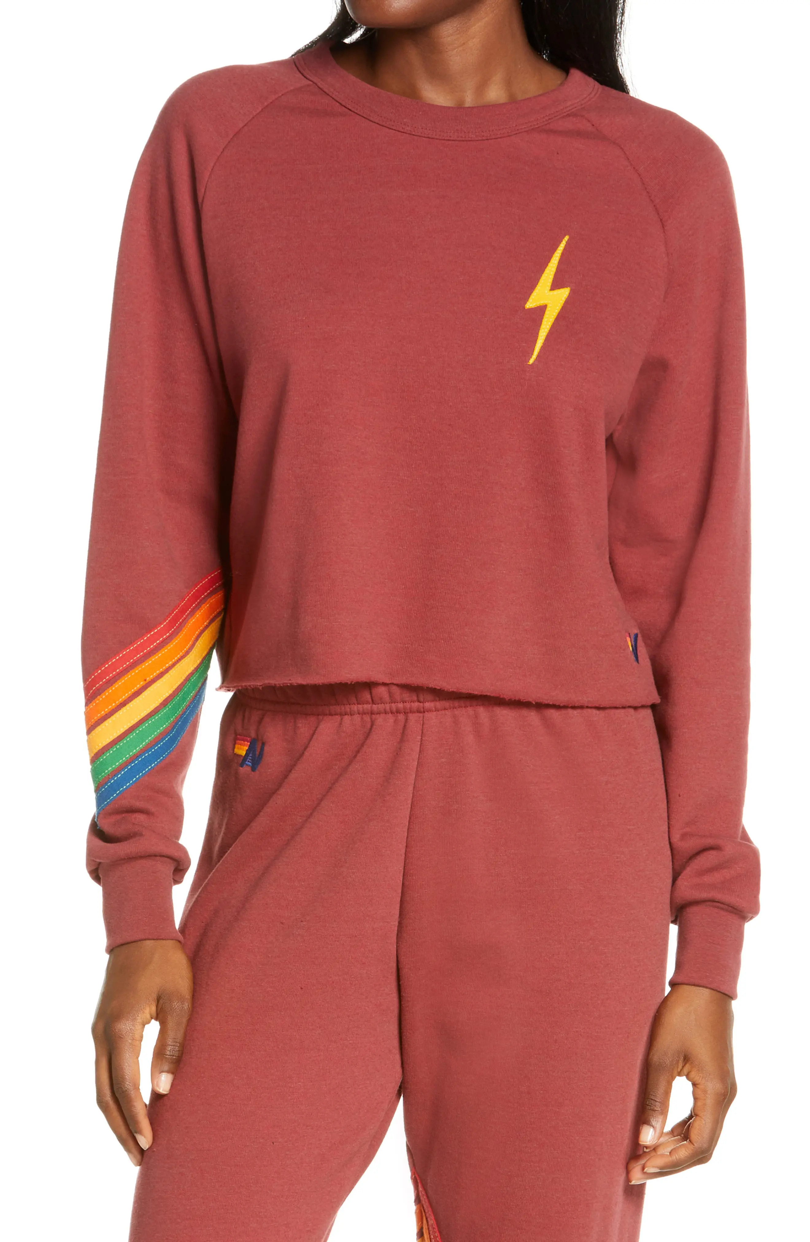 Aviator Nation Bolt Chevron Crop Sweatshirt in Claret/Neon Pink Rainbow at Nordstrom, Size Small | Nordstrom