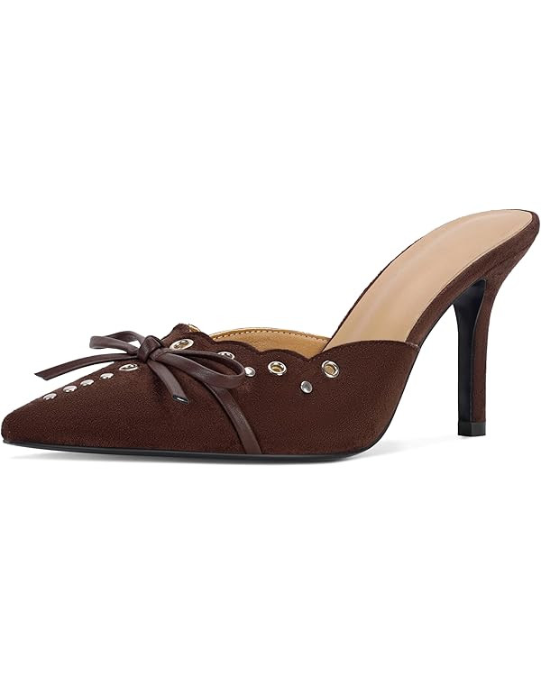 DOEYG Women Pointed Toe Bow Heels Mules Slip on Stiletto Heels Sandals Dress Party Wedding Studde... | Amazon (US)