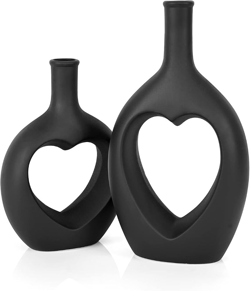 Black Ceramic Heart Shaped Hollow Vase Set of 2，Valentine Table Flower Vase for Home Decor，Gi... | Amazon (US)