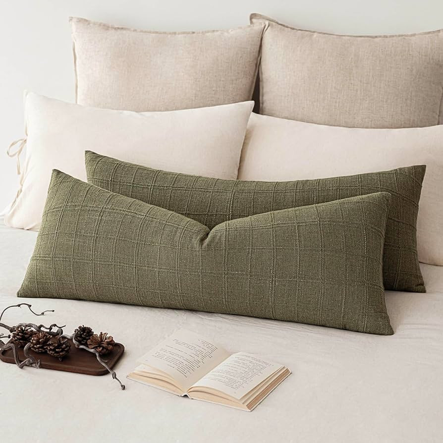 Foindtower Set of 2 Decorative Linen Check Throw Pillow Covers Neutral Long Body Lumbar Cushion C... | Amazon (US)