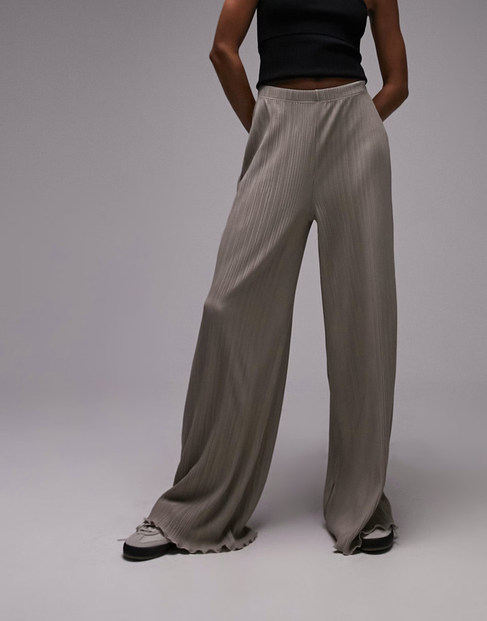 Topshop plisse wide leg tousers in stone | ASOS (Global)