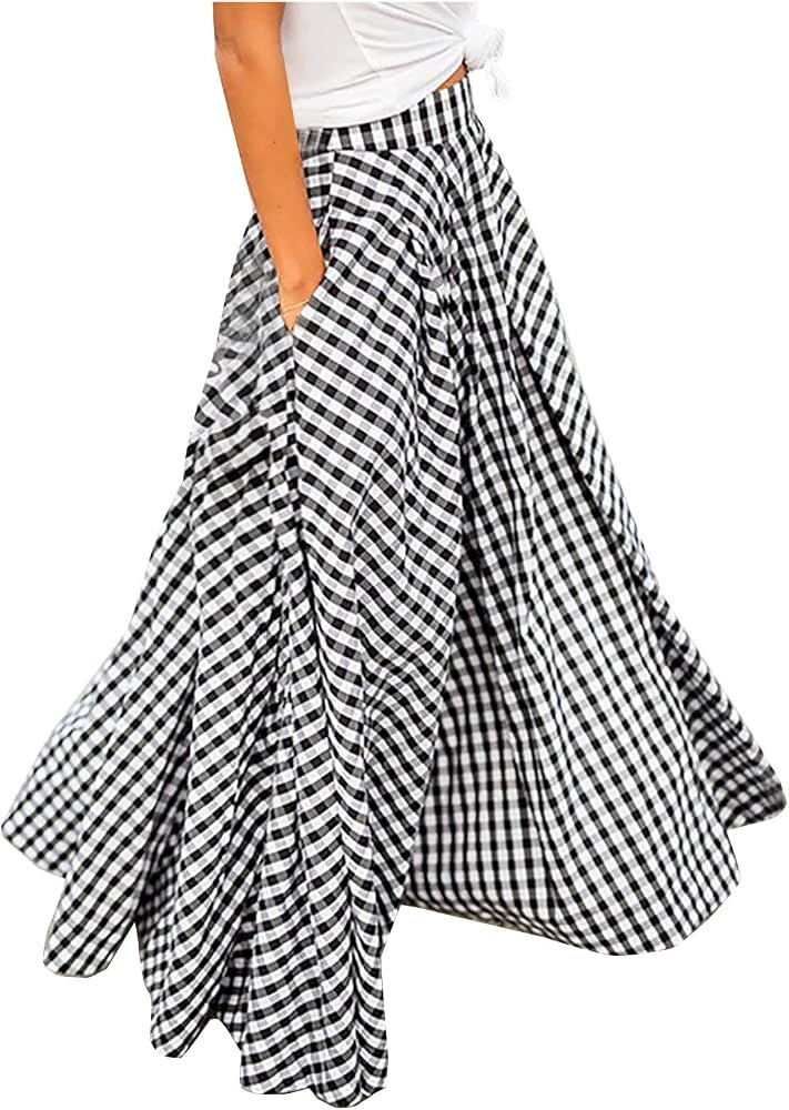 HGps8w Women's Plus Size Plaid Maxi Skirt with Pockets Casual Elegant High Waist Flared Flowy Lon... | Amazon (US)