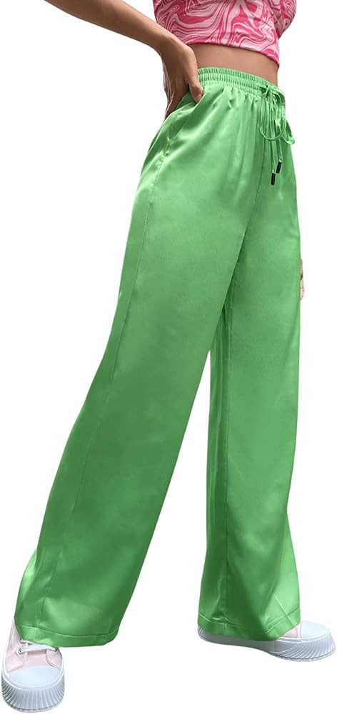 SweatyRocks Women's Wide Leg Satin Pants Casual Elastic Waist Loose Trousers with Pocket | Amazon (US)