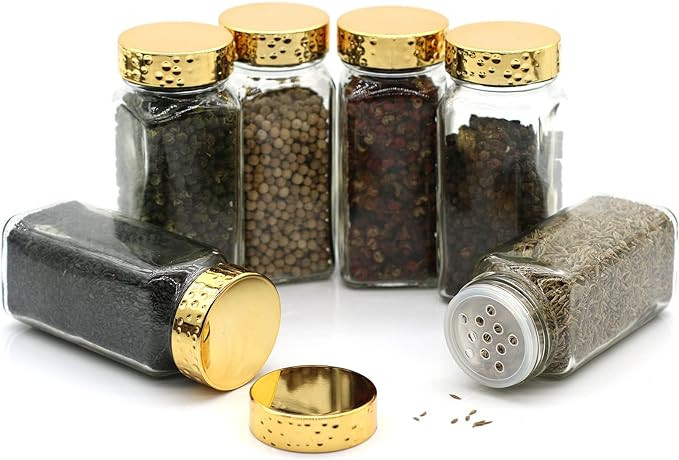 6pcs Gold Spice Jars, 4 oz Glass Seasoning Bottles, Spices Container, Empty Spice Jars, Square Sp... | Amazon (US)
