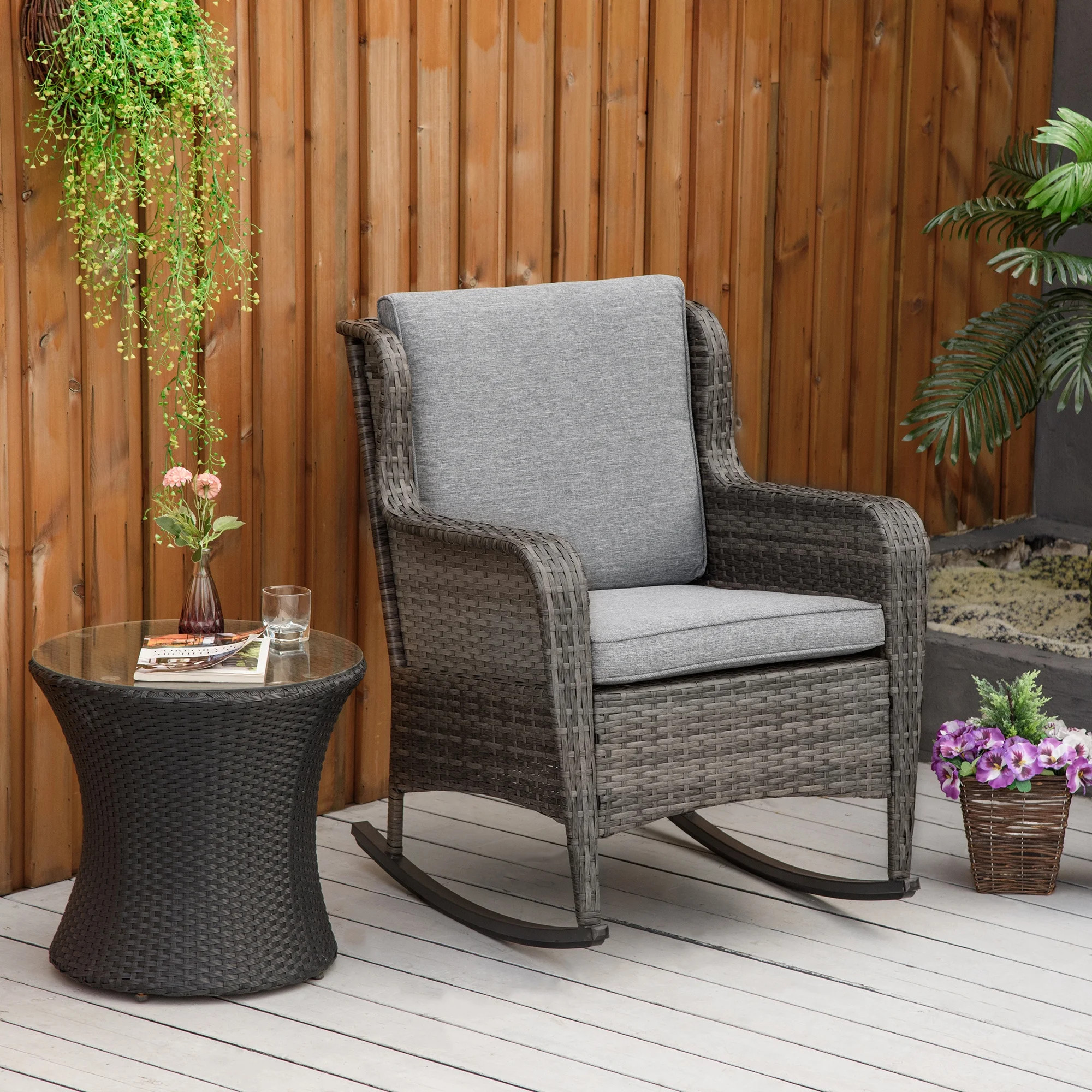 Outsunny Wicker Rocking Chair, Outdoor Rocker w/ Cushions, Gray | Walmart (US)
