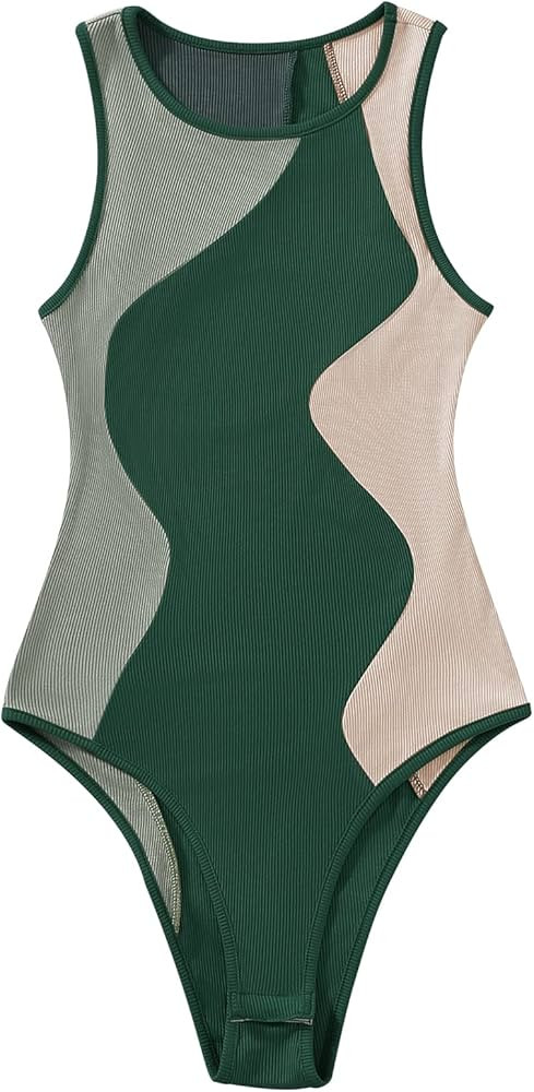 Verdusa Women's Color Block Sleeveless Scoop Neck Tank Bodysuit Top Dark Green Beige L | Amazon (US)