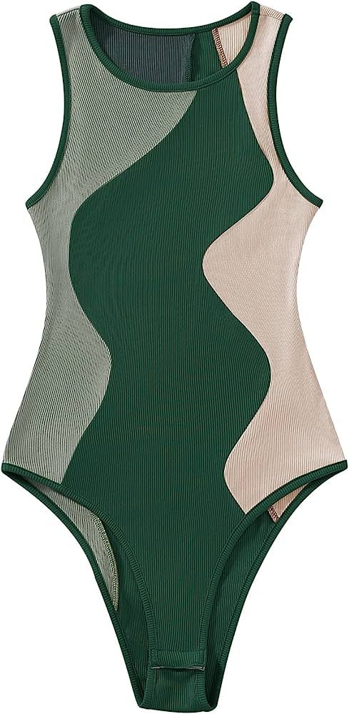 Verdusa Women's Color Block Sleeveless Scoop Neck Tank Bodysuit Top Dark Green Beige L | Amazon (US)