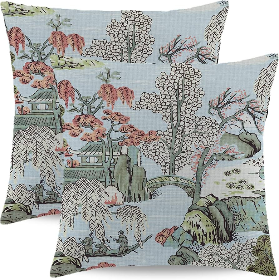 Chinoiserie Pillow Cover 24x24 Inch Set of 2 Asian Scenic Coral Green Blue Throw Pillows Farmhous... | Amazon (US)