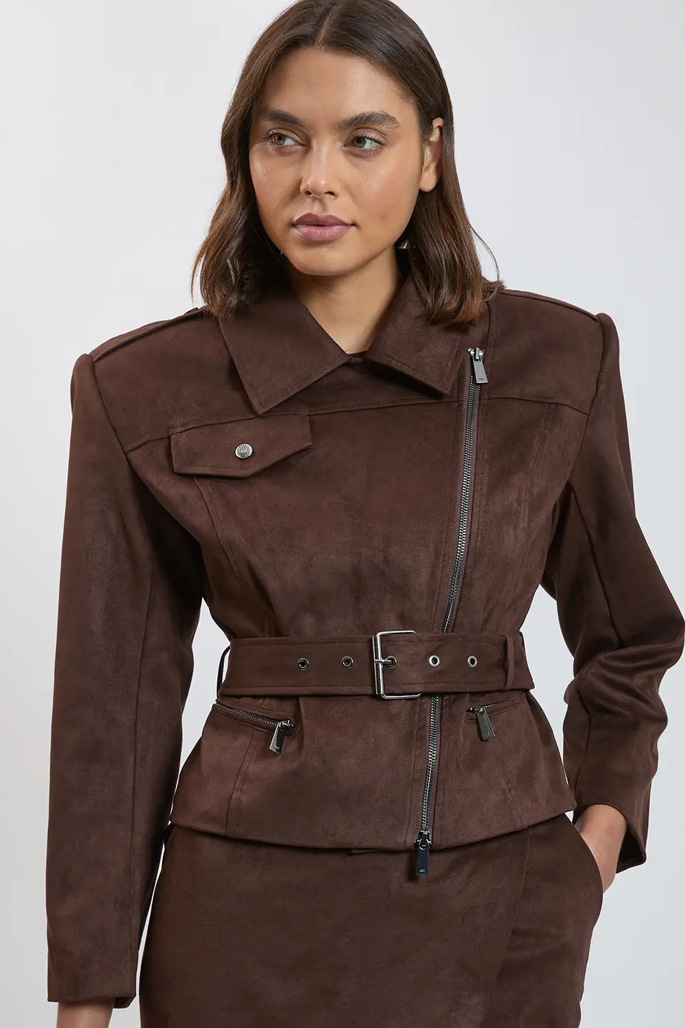 Faux Leather Collared Belted Jacket | Karen Millen