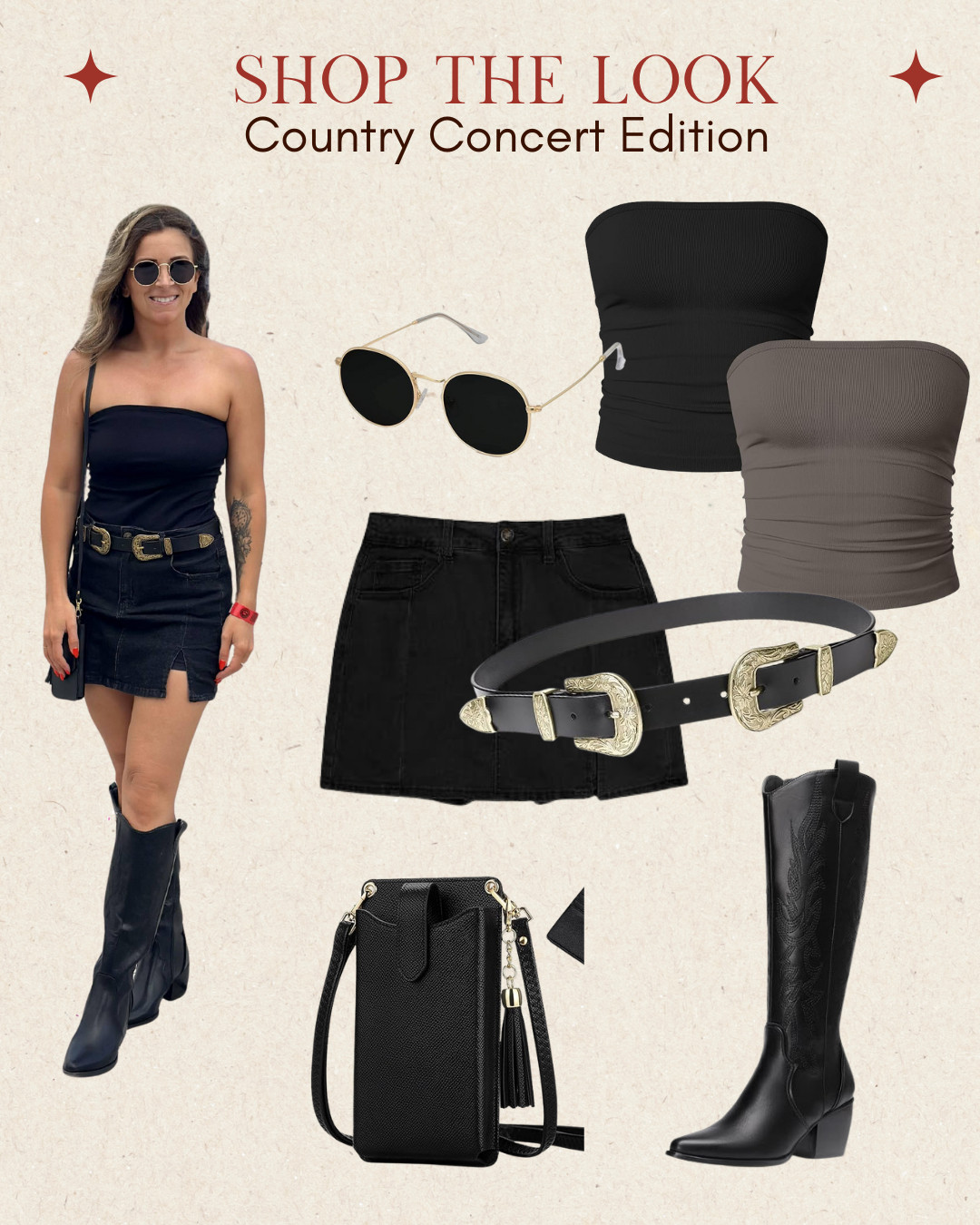 Denim mini, double buckle belt, and tall western boots — the perfect combo for a night of music and dancing. #ShopMyLook #LTKConcertEdit  

 
