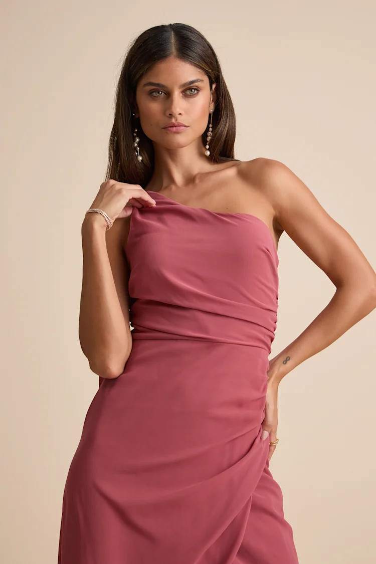 Adeline Rusty Rose One-Shoulder Scarf Maxi Dress | Lulus