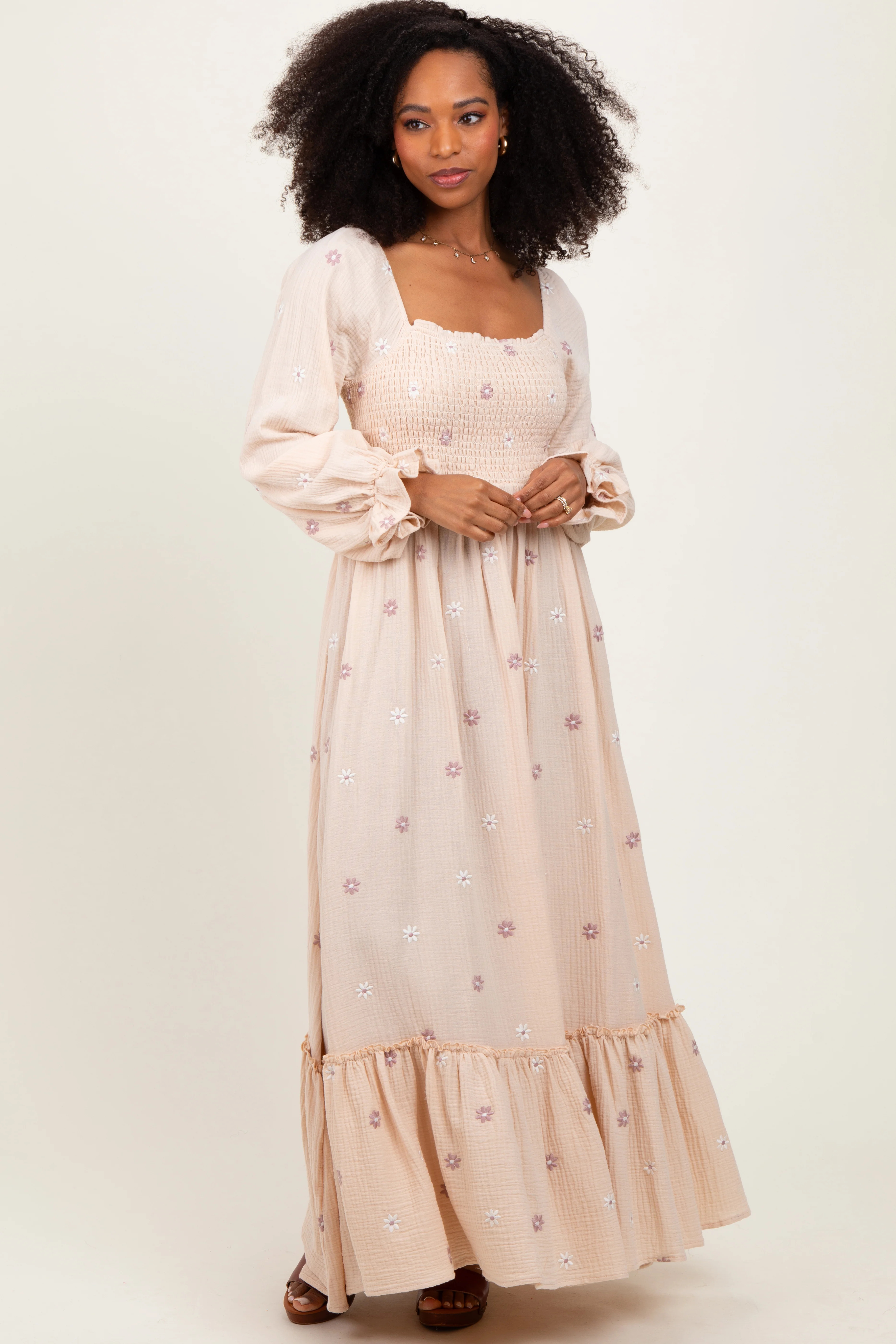 Cream Long Sleeve Floral Accent Dress | PinkBlush Maternity
