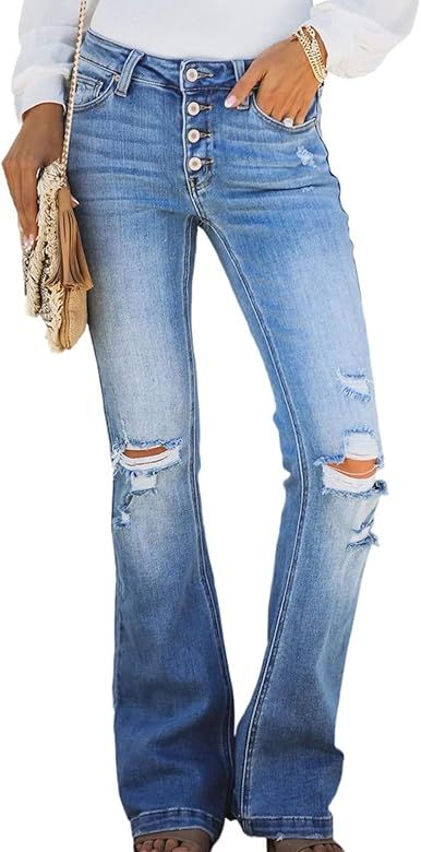 Sidefeel Women Ripped Flare Jeans Mid Rise Fitted Denim Pants | Amazon (US)