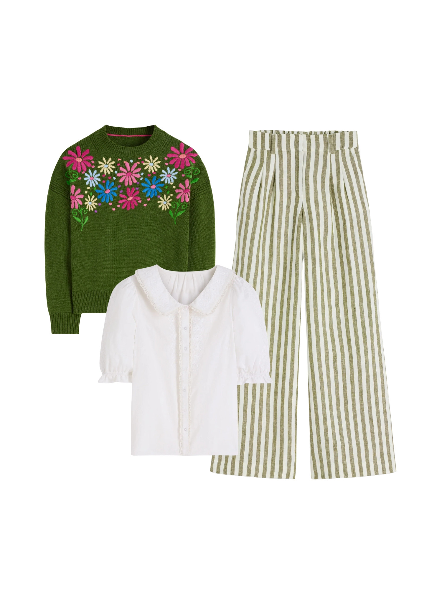 Easter Outfit Inspo - Green Florals and Stripes. Stripe trousers, white frilly blouse, floral jumper, dopamine dressing 

 #LTKspring #LTKstyletip