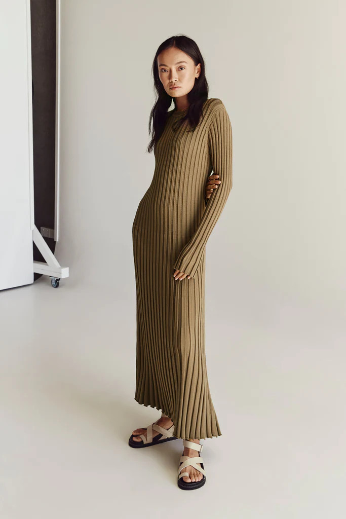 ADA KHAKI LONG SLEEVE MIDI DRESS | DISSH