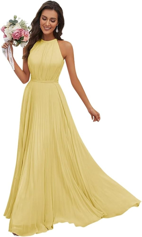 AUMEELAM Halter Bridesmaid Dresses for Women Chiffon Ruched Long Sleeveless Formal Dresses | Amazon (US)