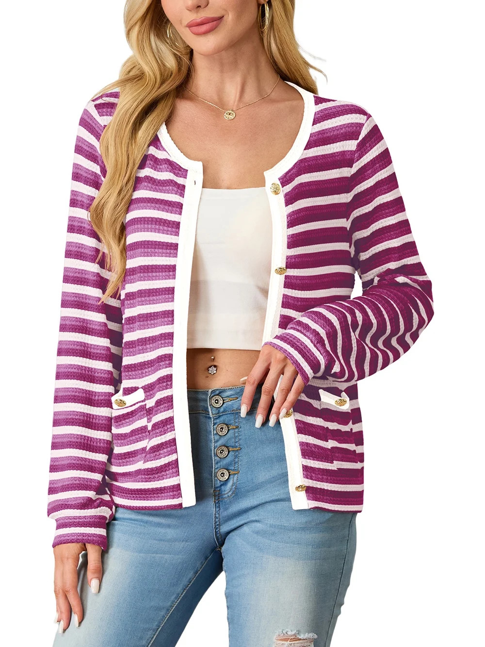 JWD Women's cardigan long sleeved button knit stripe with pocket Purple Red S | Walmart (US)