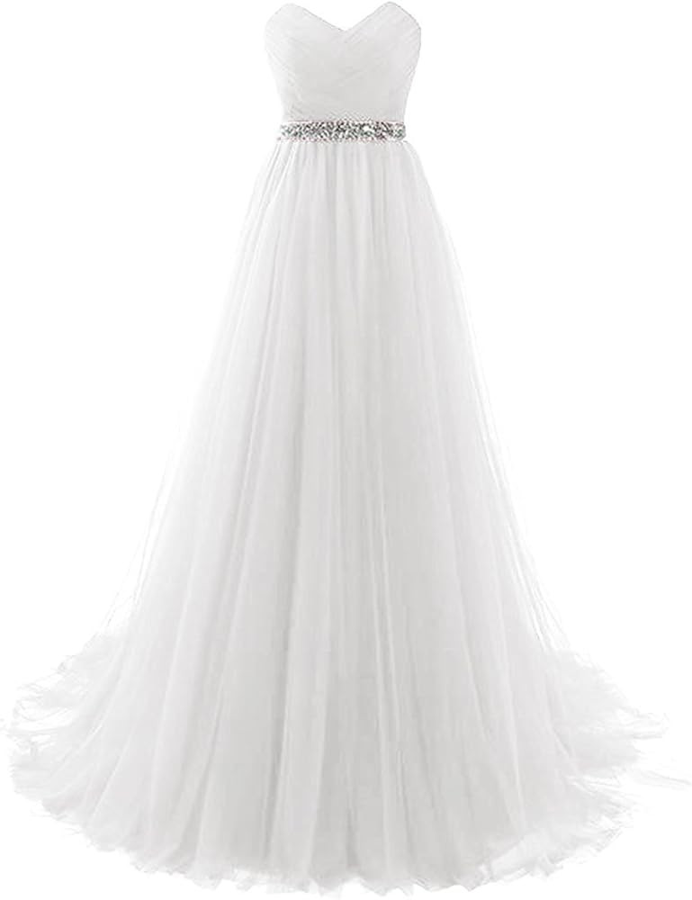 Dannifore Women's Strapless Prom Dress Tulle Princess Evening Gowns with Rhinestone Beaded Belt | Amazon (US)
