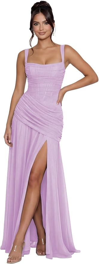 SNOWROSE Chiffon Prom Dresses for Women Spaghetti Straps Square Neck Pleated Maxi Formal Bridesma... | Amazon (US)