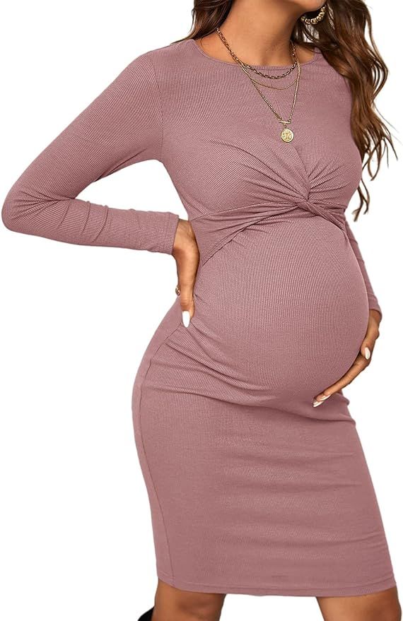 Verdusa Women's Maternity Twist Front Long Sleeve Round Neck Bodycon Dress | Amazon (US)