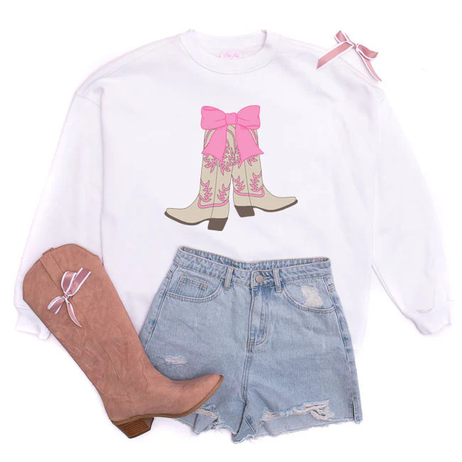 Boots and Bow White Oversized Graphic Sweatshirt | Pink Lily