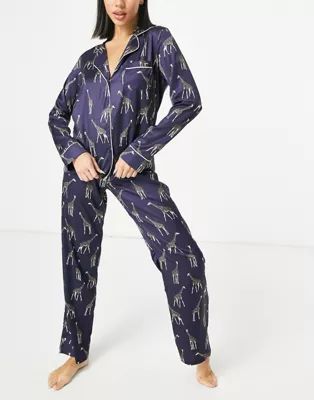 Bluebella satin giraffe printed revere pyjama set in navy | ASOS (Global)