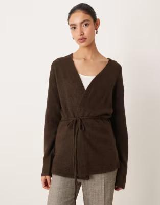 Gina Tricot V-neck mid length knit wool alpaca wrap cardigan in brown | ASOS (Global)