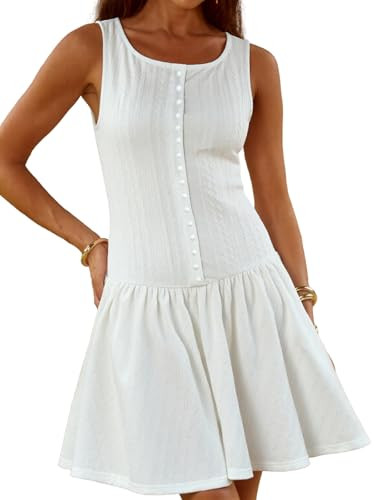 YUNDAI Women's Sleeveless Mini Dress: Fitted Faux-Button Waist Flared Skirt Casual Summer Tank Dr... | Amazon (US)