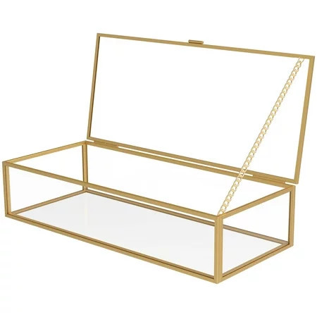 Adifare Vintage Mirrored Bottom Glass Keepsake Box with Hinged Lid and Mirrored Bottom Golden Rectangular Jewelry Organize Clear Glass Box for Storage Makeup Jewelry | Walmart (US)