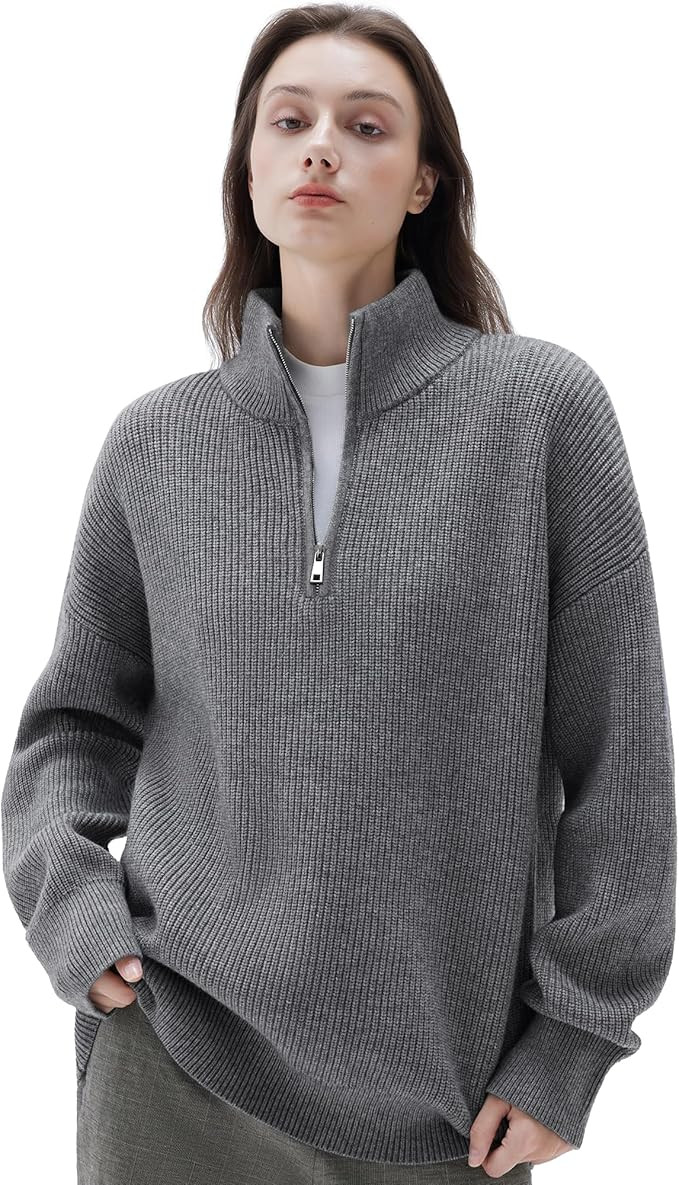 SUUKSESS Women Cashmere Blend Oversized Quarter Zip Pullover Sweater Long Sleeve Collared Ribbed ... | Amazon (US)
