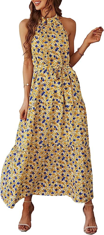 PRETTYGARDEN Women's Summer Floral Maxi Sun Dress Sleeveless Halter Neck Flowy Ruffle Hem Long Boho  | Amazon (US)