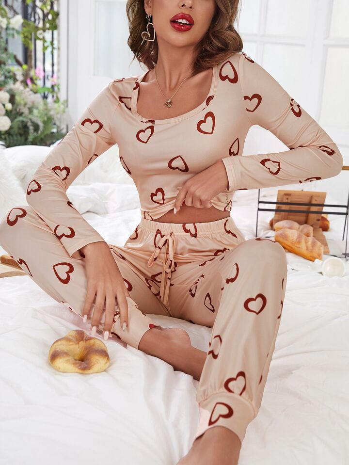Heart Print Scoop Neck Knot Front PJ Set | SHEIN
