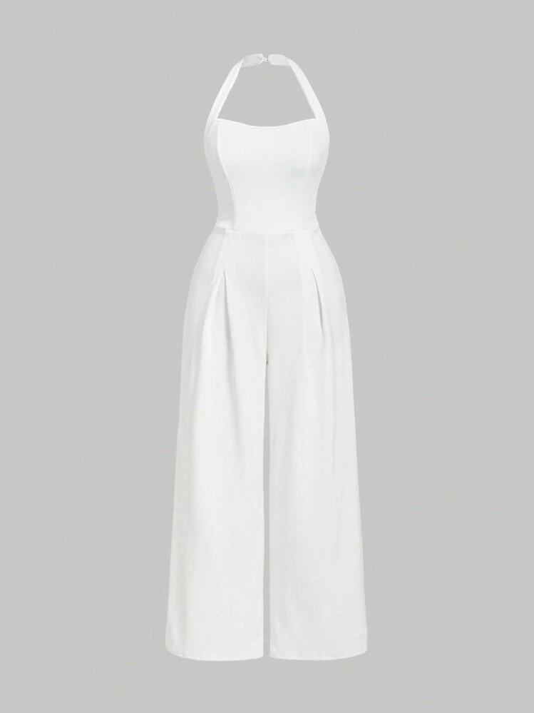 SHEIN MOD Plus Size White Elegant Halter Neck Wrap Around Back Tie Bowknot Waist Wide Leg Jumpsui... | SHEIN