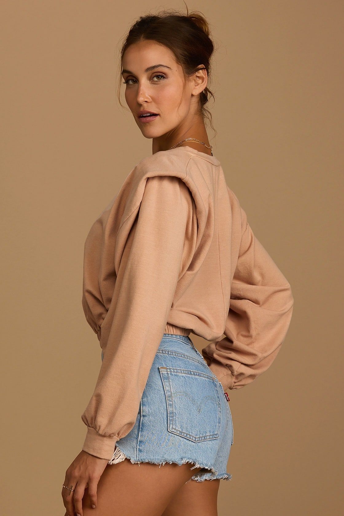 Flatter Me Beige Padded Shoulder Pullover Sweatshirt | Lulus (US)