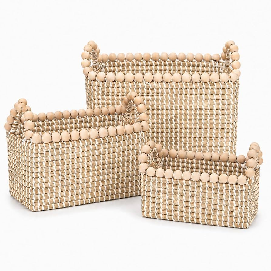 Handwoven Seagrass Shelf Baskets, Set of 3 Decorative Storage Bins with Bead-Accented Handles, Vi... | Amazon (US)