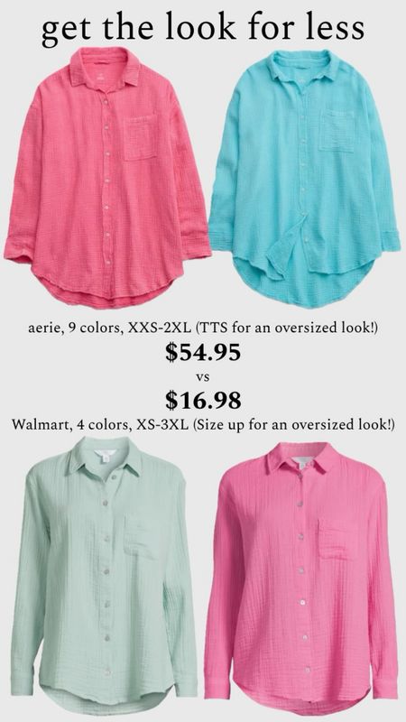 Grab either of these cute tops perfect for spring break and summer! You can wear it with shorts or throw it on as a swimsuit coverup. The aerie version runs oversized already, and it’s often on sale! I would size up in the walmart version if you want the oversized look…quality is great, can’t believe these are under $20! 
………………………
aerie waffle shirt aerie lumberjane shirt aerie pool-to-party shirt aerie dupe walmart new arrivals walmart finds plus size swim cover oversized button down oversized shirt pink button down black button down get the look for less aerie swimsuit dupe aerie swim dupe aerie coverup dupe 90s shirt 90s outfit 90s look spring break essentials travel essentials spring break outfit spring break look resort wear walmart tops time and tru shirts aerie tops aerie shirts swimsuit cover under $50 swimsuit cover under $20 walmart finds under $20 

#LTKtravel #LTKswim #LTKSpringSale