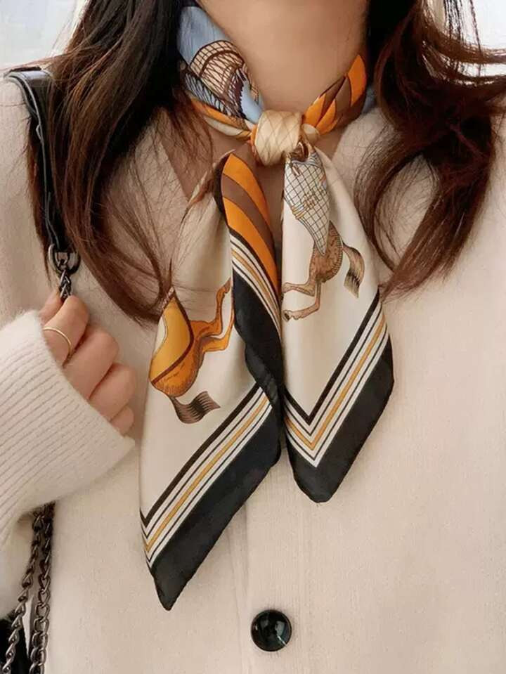 1pc Women's Printed Horse Pattern Small Silk Scarf, Fashionable Neck Wrap, Suitable For Daily Wea... | SHEIN