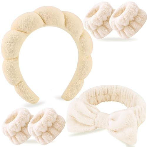 Zkptops 6Pcs Spa Headband for Washing Face Wristband Set Sponge Makeup Skincare Terry Cloth Headband Bubble Soft Get Ready Hairband Women Puffy Padded Headwear Non Slip Hair Accessory(Beige) | Amazon (US)