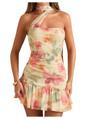 Amazon.com: OYOANGLE Women's Floral Print Sleeveless Halter Short Dress Ruched Bodycon Ruffle Dre... | Amazon (US)