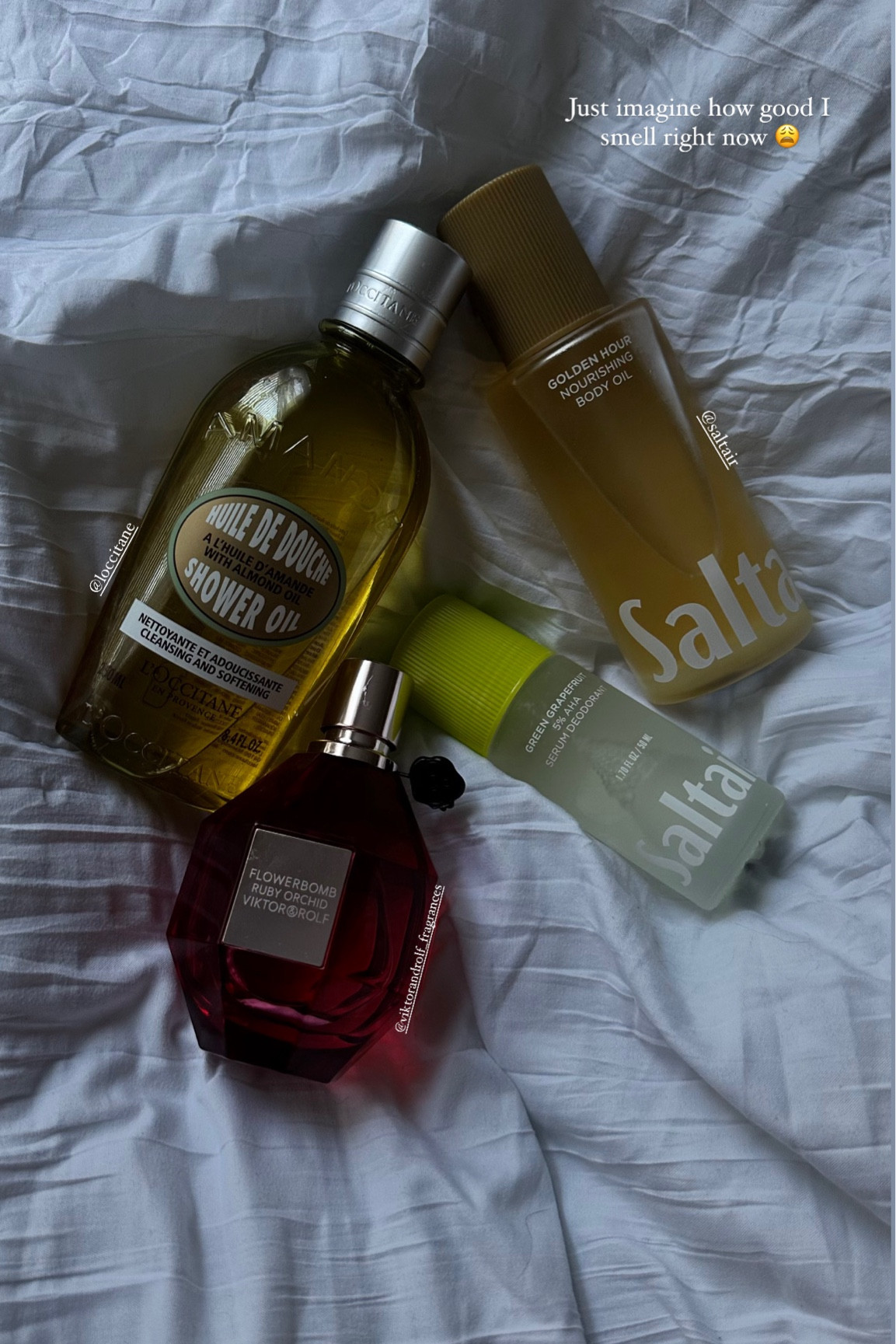 Just imagine how good this smells 😩 L'Occitane’s shower oil smells like almonds and warm vanilla, Saltair’s Golden Hour Body Oil smells like pineapple and coconut, the deo smells like tropical fruits, and Viktor & Rolf’s Flower bomb ruby Orchard smells like warm florals and vanilla 🙂‍↕️🫶🏽 

Let’s just say I smell amazing lol

#scents #fragrances 