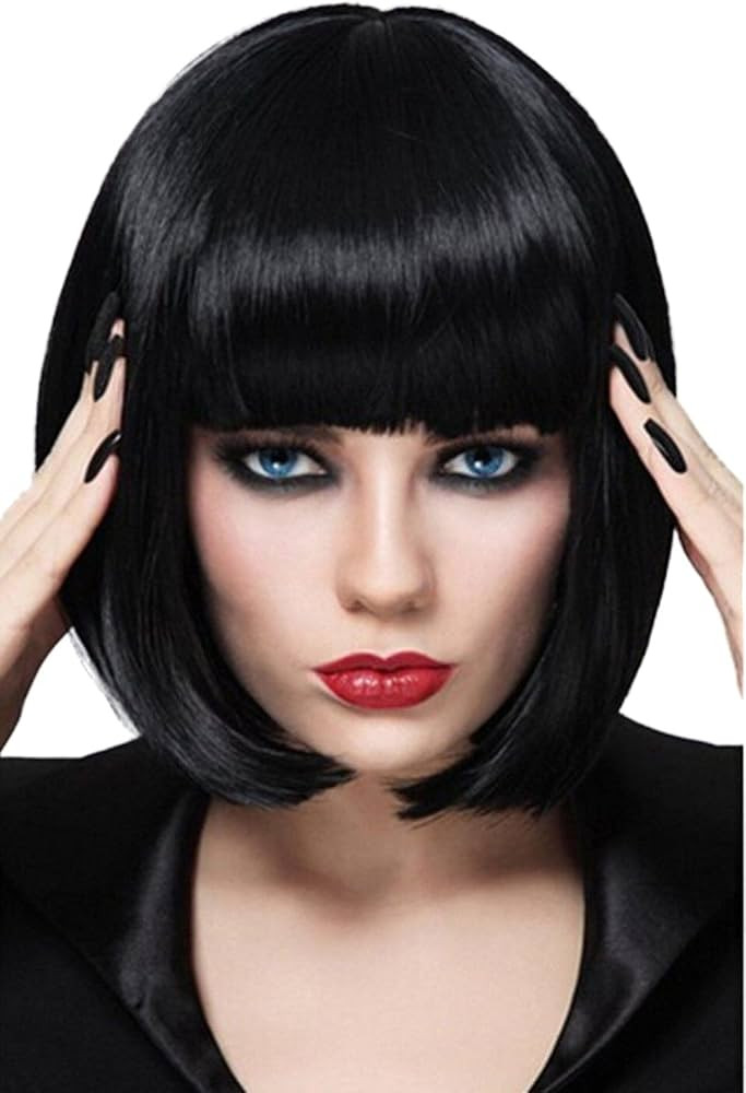 Black Bob Wigs for Women, 12'' Short Black Hair Wig with Bangs, Natural Fashion Synthetic Wig, Cu... | Amazon (US)