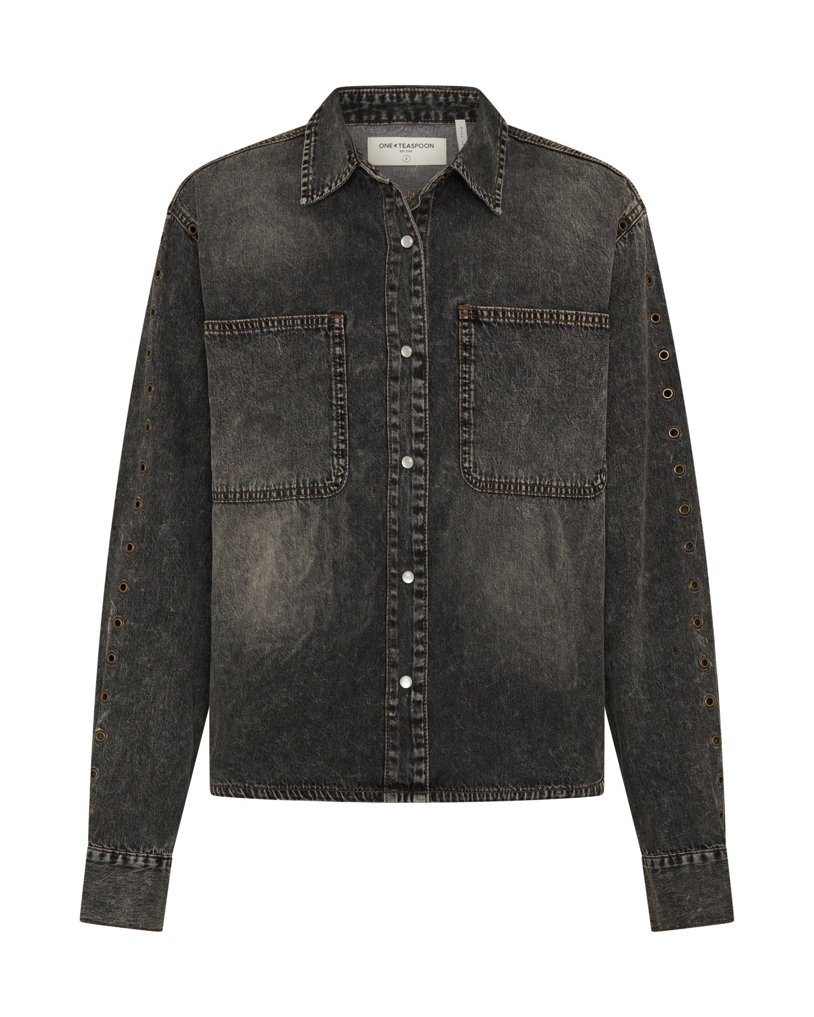 Nixie Eyelet Classic Fit Denim Shirt - Charcoal Black | One Teaspoon | OneTeaspoon
