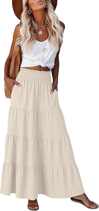 ANRABESS Womens Maxi Skirt Summer Boho Long Flowy Elastic High Waist A-Line Tiered Skirts 2026 Ca... | Amazon (US)