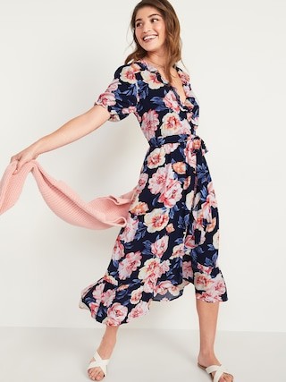Waist-Defined Ruffled Tie-Belt Midi Wrap Dress for Women | Old Navy (US)