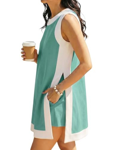 Hooever Women's 2 Piece Sets Casual Color Block Crewneck Short Sleeve Pullover Tops Matching Shorts with Pockets(LakeGreen-M) | Amazon (US)