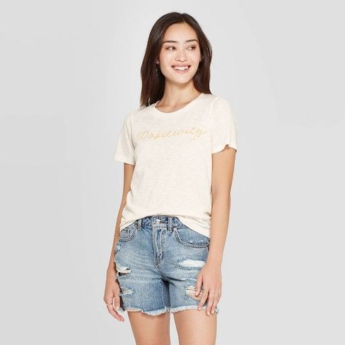 Women's Positivity Short Sleeve Graphic T-Shirt - Grayson Threads (Juniors') Light Beige | Target