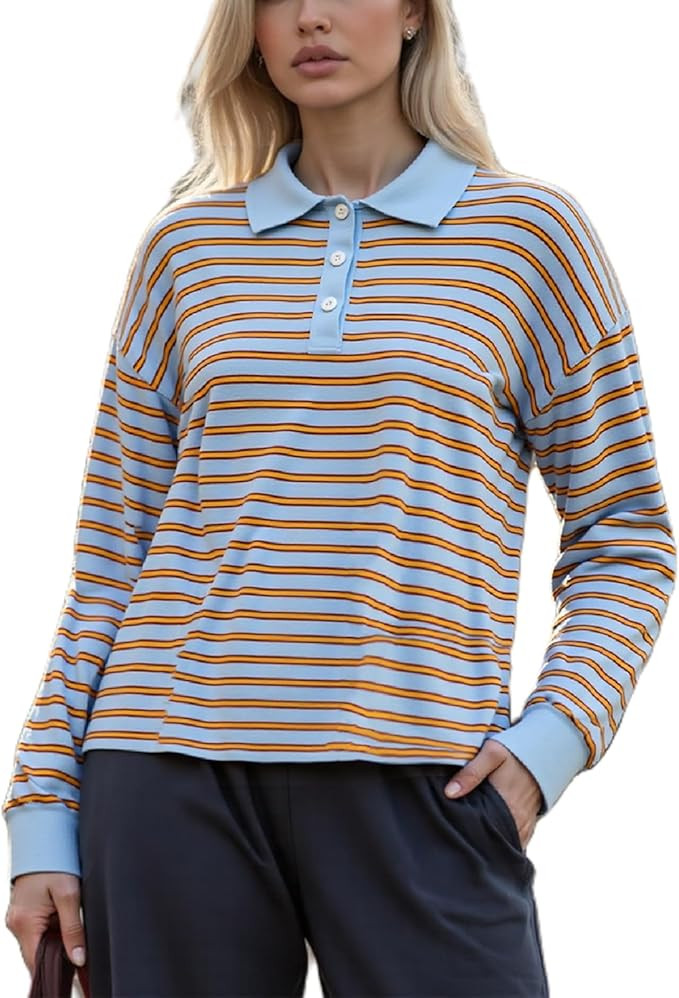 FOMOYUU Women's Fall Striped Polo Sweater Colorblocked Knit Crewneck Pullover with Collar | Amazon (US)